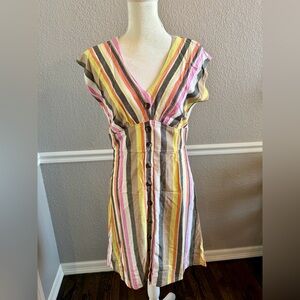 LOFT Striped Button Front Dress V Neck Pink Yellow Summer Midi Preppy Size 4 NWT